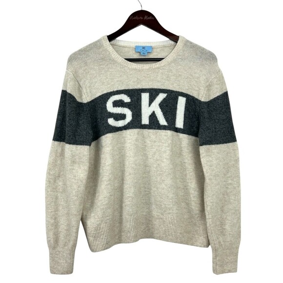 CeCe Women Size M SKI Motif Crew Neck Sweater Ivory Gray Outdoors Comfort E3 - Picture 1 of 12